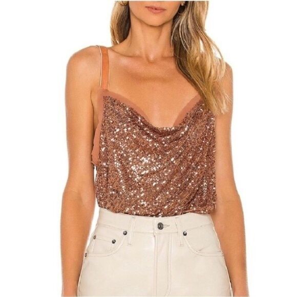 EYE CATCHING FREE PEOPLE SHIMMER & SHINE BODYSUIT IN SUNSET SIZE MEDIUM - Picture 1 of 13